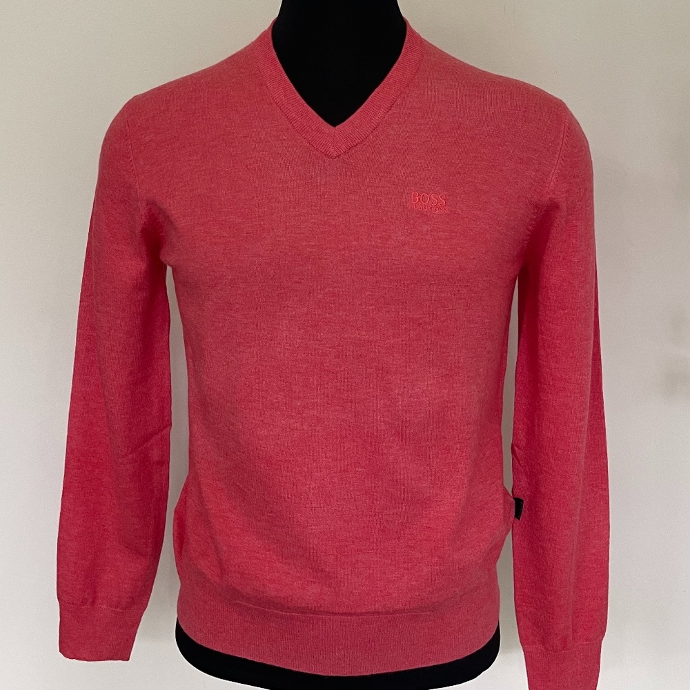 Hugo Boss Sweater V neck Pink Red Wool Pullover